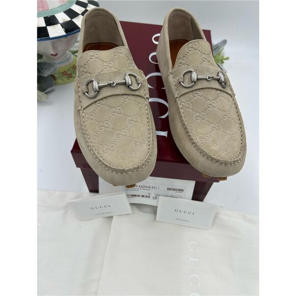 Men\'s Gucci suede oatmeal horse bit driver loafers size 10.5 fits 11 US main image 7